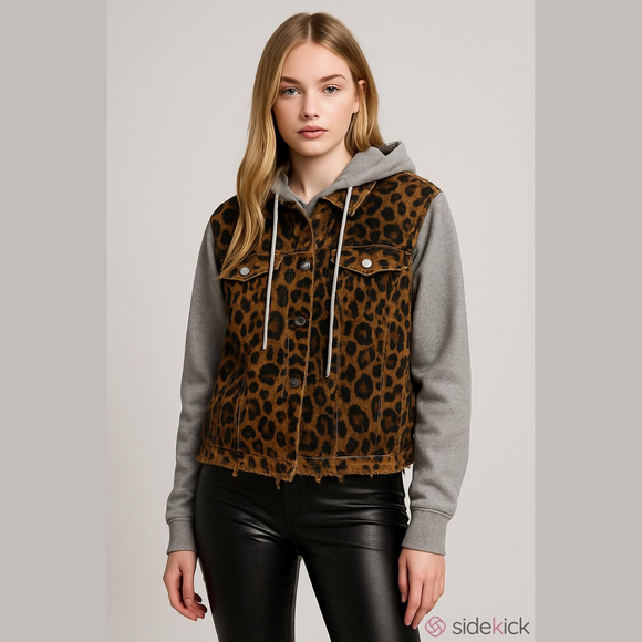 ODDI Leopard Print Denim Hoodie Jacket S Distressed Frayed Hem Casual Streetwear - Picture 1 of 8